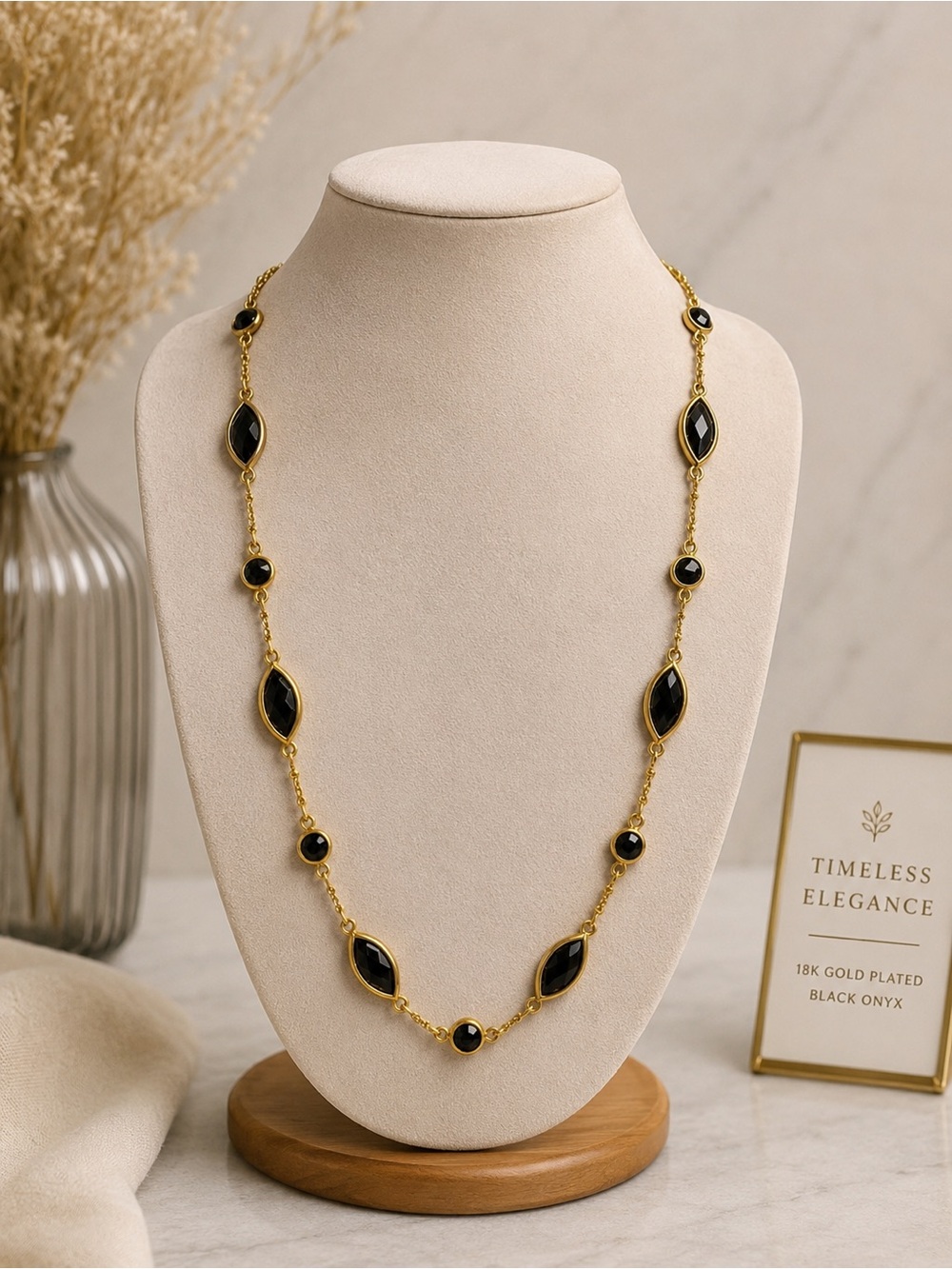 Monet Gold Tone Black Gemstone Long‎ Station Necklace Vintage Style Timeless